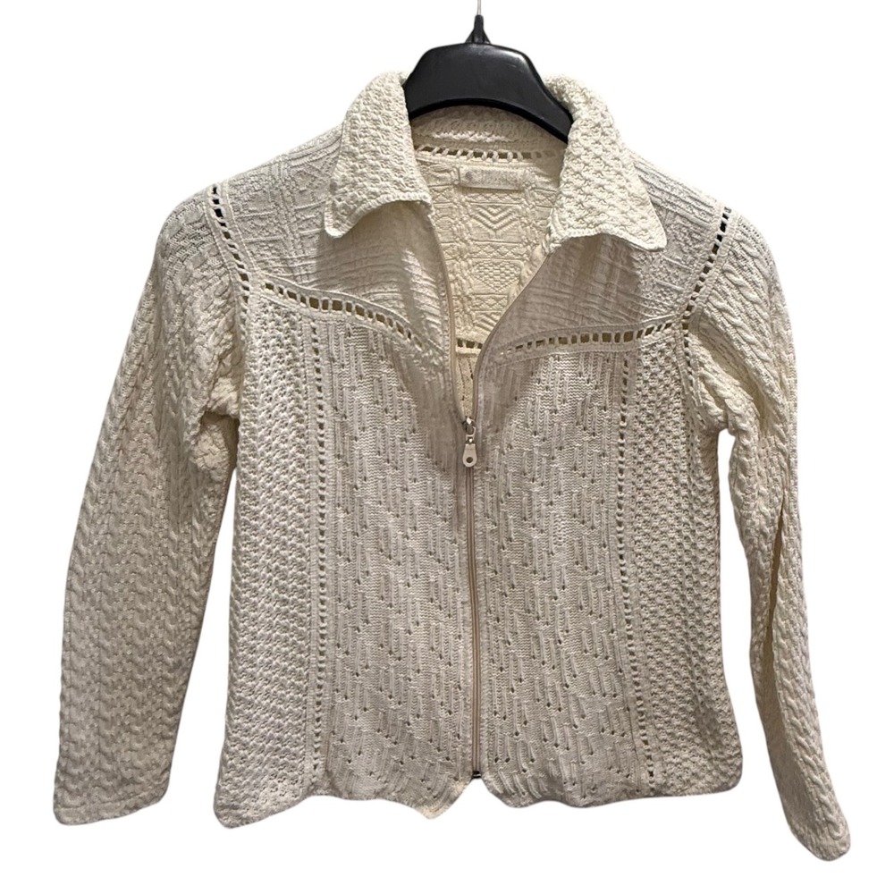 Peruvian Hand Crochet Cotton Zip Up Cardigan Sweater Cream Cottagecore Size M